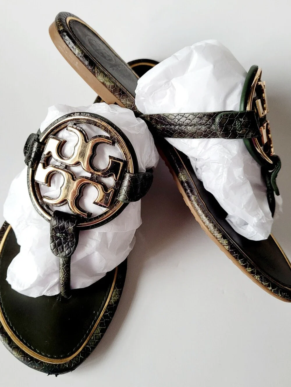 Tory Burch Miller Python Metal Medallion Thong Sandals Genuine Leather US 7